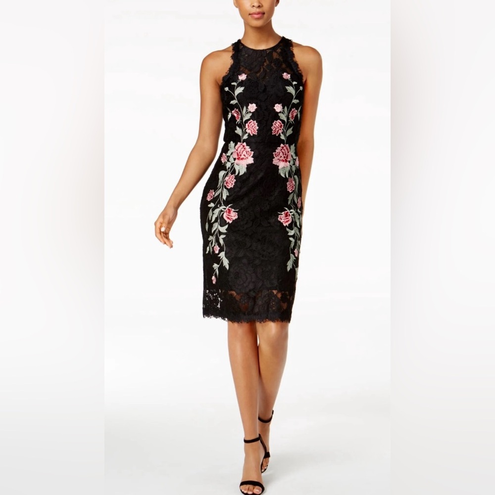 Betsy & Adam Black Lace Dress with Floral Embroidery
